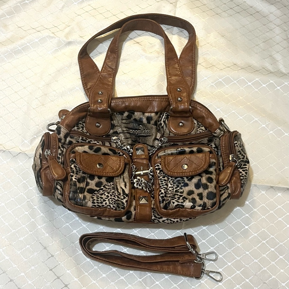 Angel Kiss Leopard Animal Print Brown Black Shoulder Bag with Strap Y2K